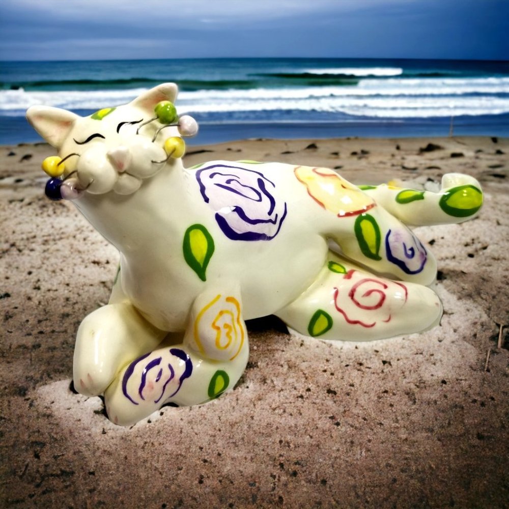Whimsical White Cat Figure Colorful Swirls Signed By Amy LaCombe Annaco 2001